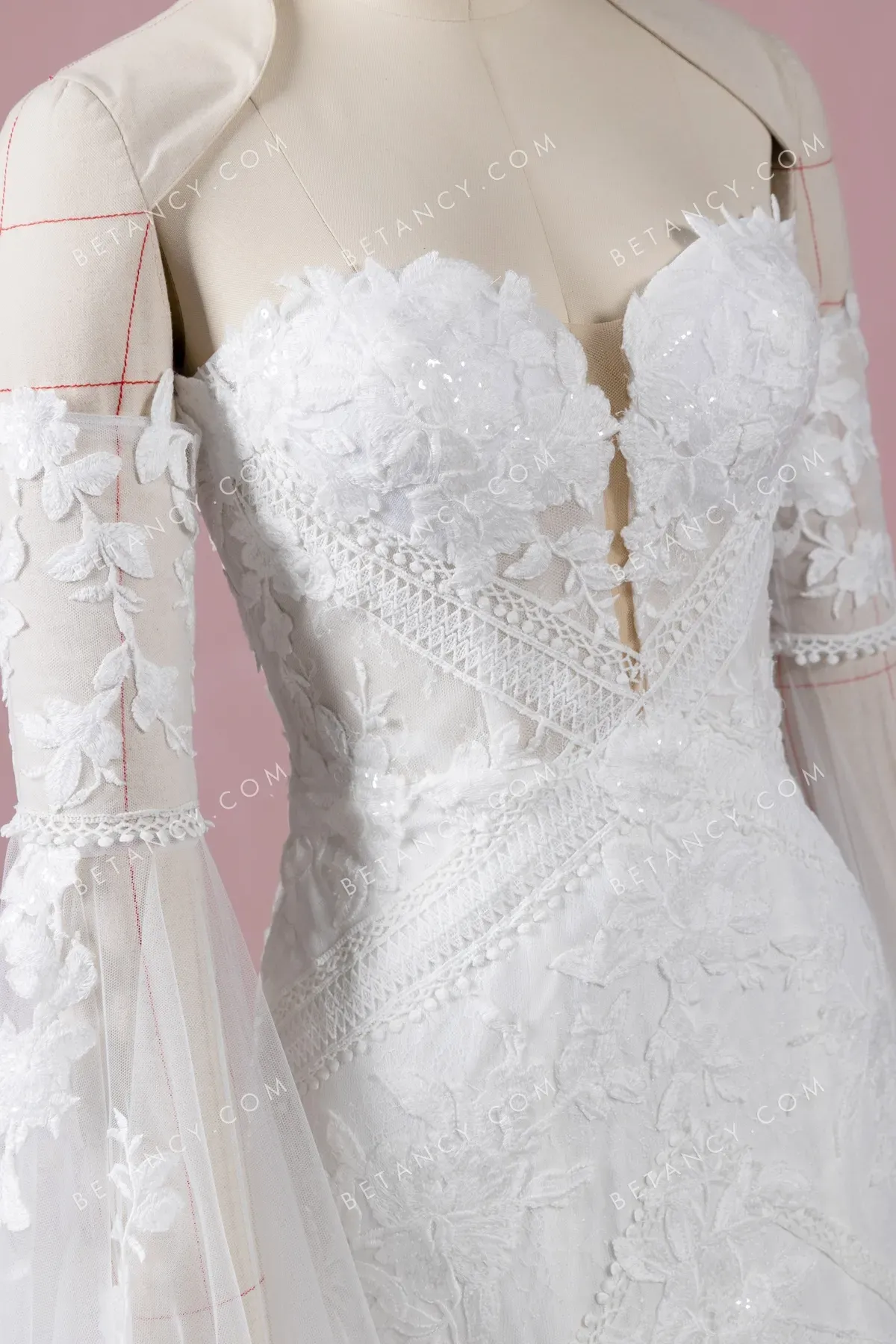 Sequinned Lace Mermaid Wedding Dress with Bell Sleeves