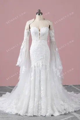 Sequinned Lace Mermaid Wedding Dress with Bell Sleeves