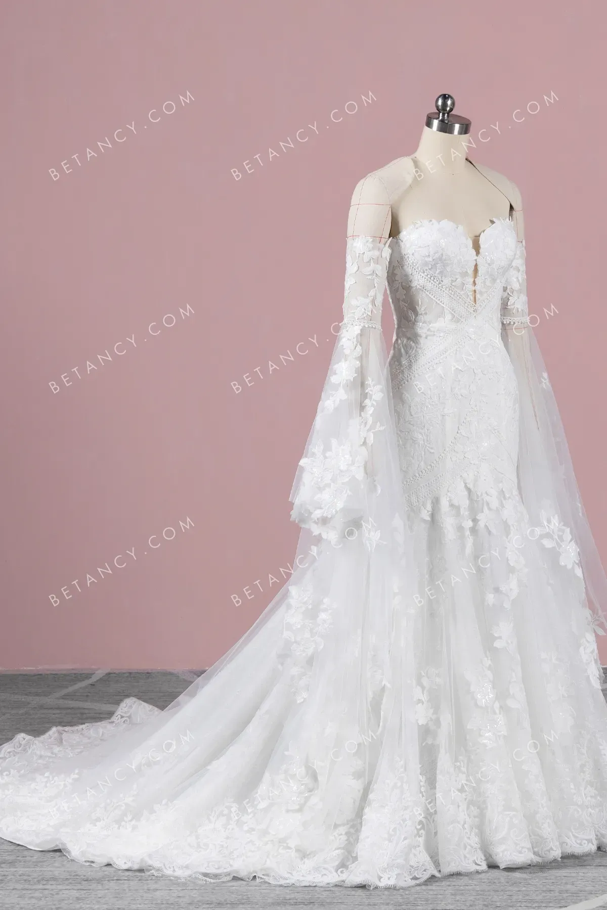 Sequinned Lace Mermaid Wedding Dress with Bell Sleeves