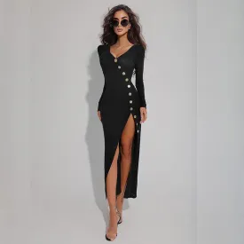 Side Slit Long Sleeve Graceful Buttons Knitwear Midi Dress
