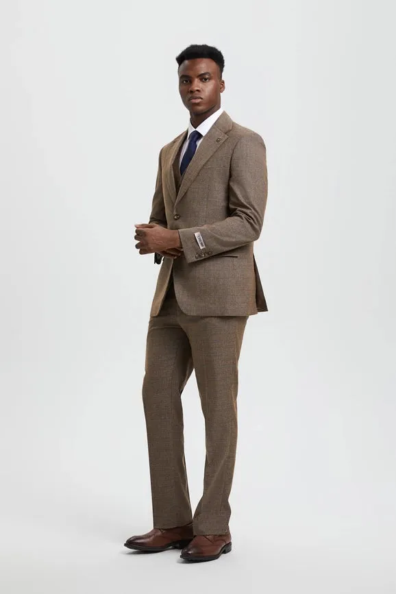 Stacy Adams, 3-PC Plaid Suit, Hybrid Fit, Brown