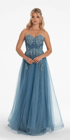 Strapless Glitter Embroidered Sweetheart Puff Sleeve Ballgown