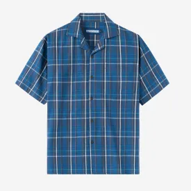 Summer Classic Camp Collar Short Sleeve Shirt - Blue Square