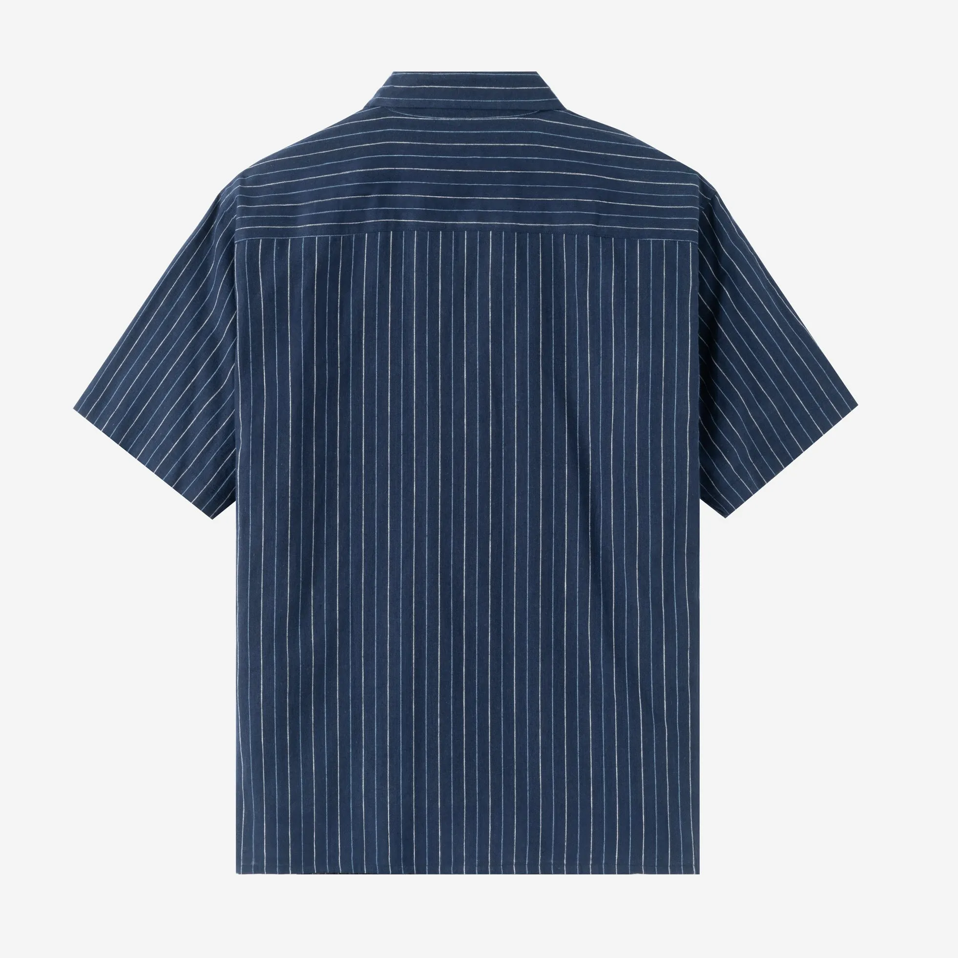 Summer Classic Camp Collar Short Sleeve Shirt - Navy Blue Stripes