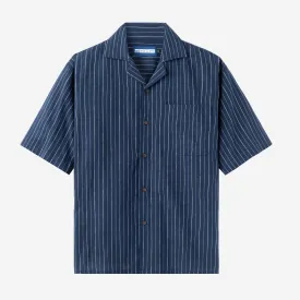 Summer Classic Camp Collar Short Sleeve Shirt - Navy Blue Stripes