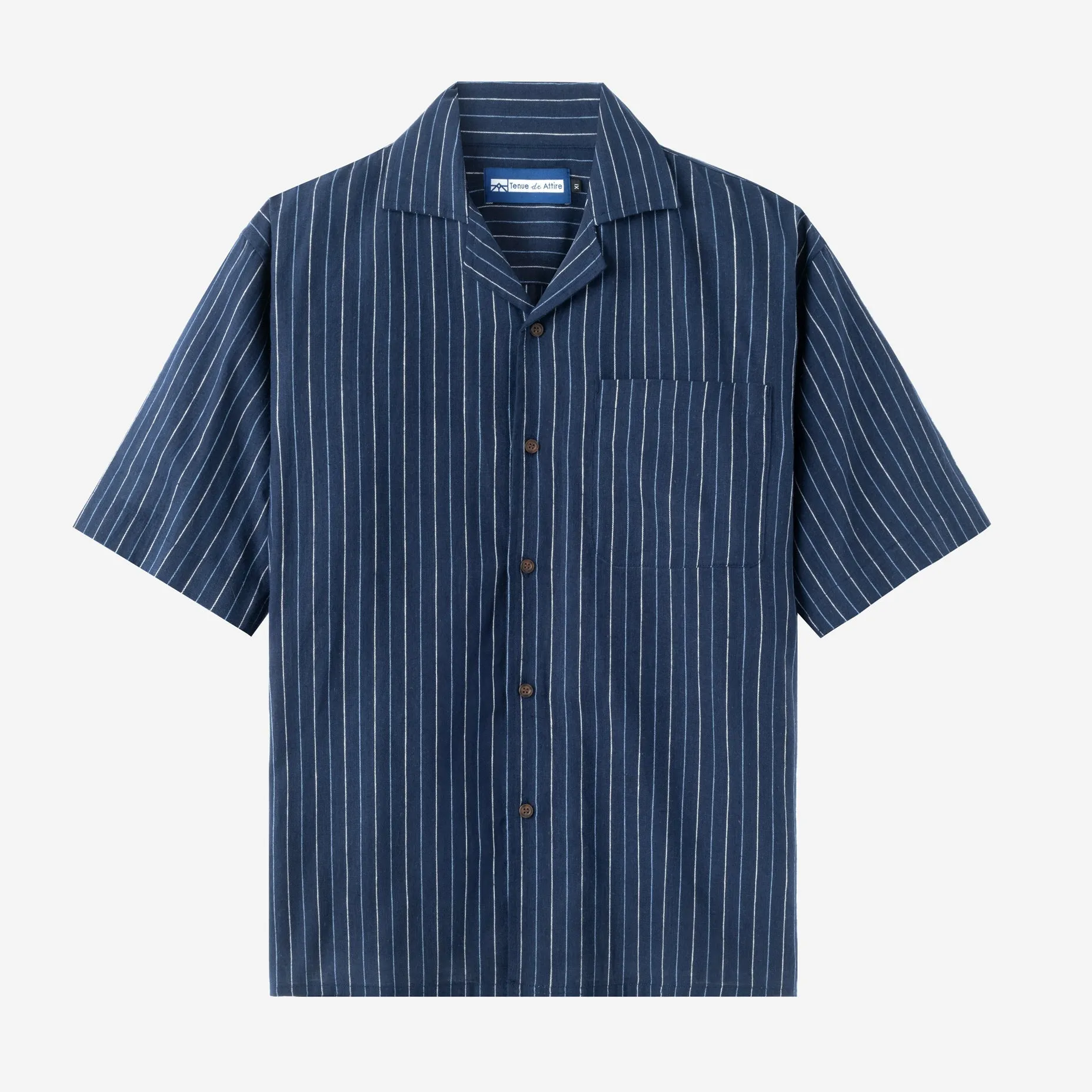 Summer Classic Camp Collar Short Sleeve Shirt - Navy Blue Stripes