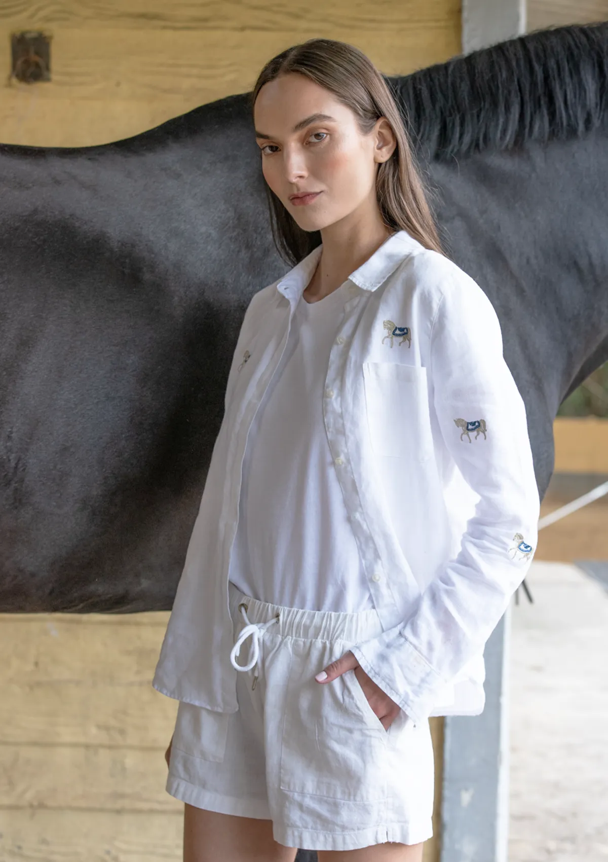 Sundown Embroidered Horses Linen Shirt | Navy