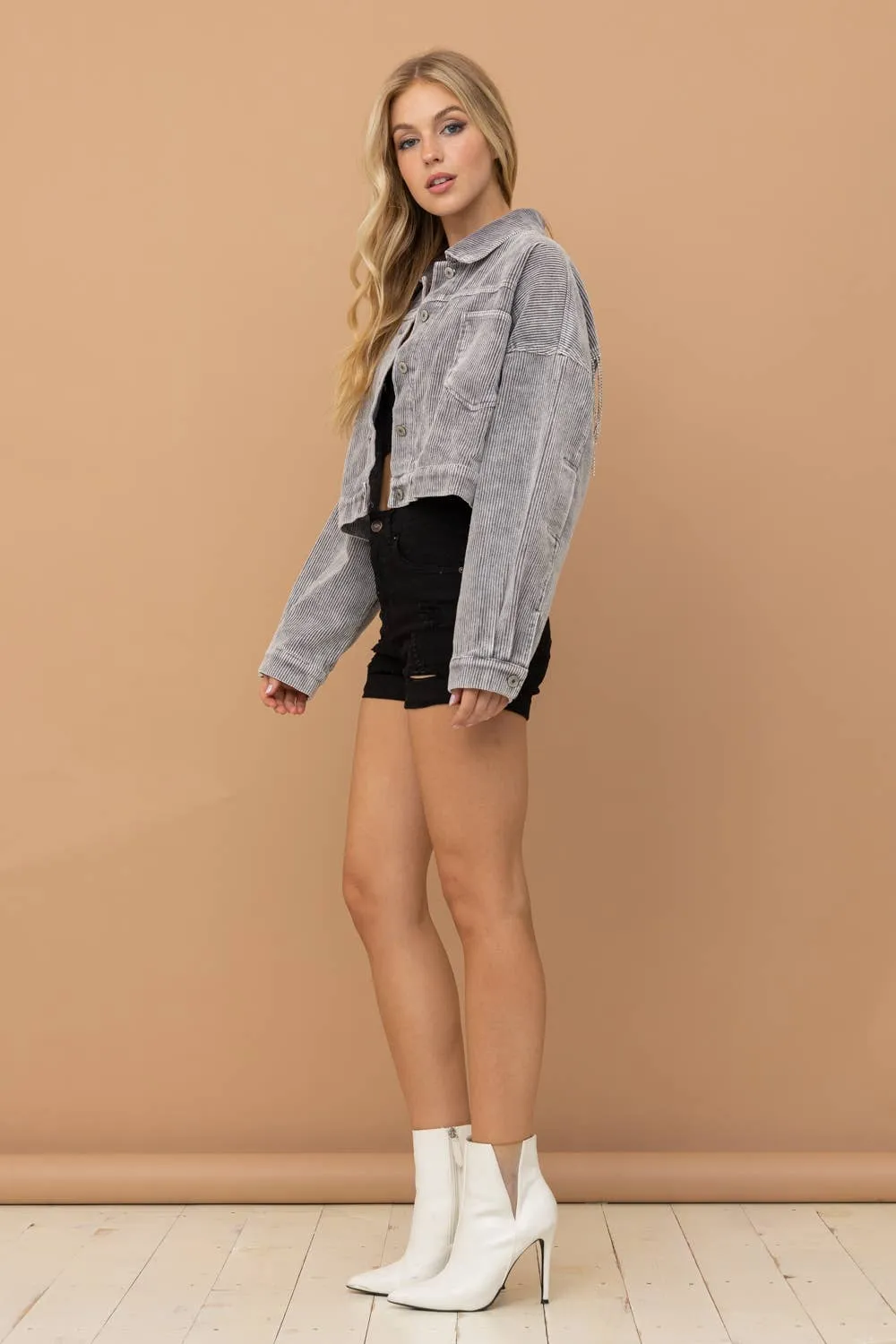 Washed Gray Corduroy Oversized Rhinestone Fringe Jacket